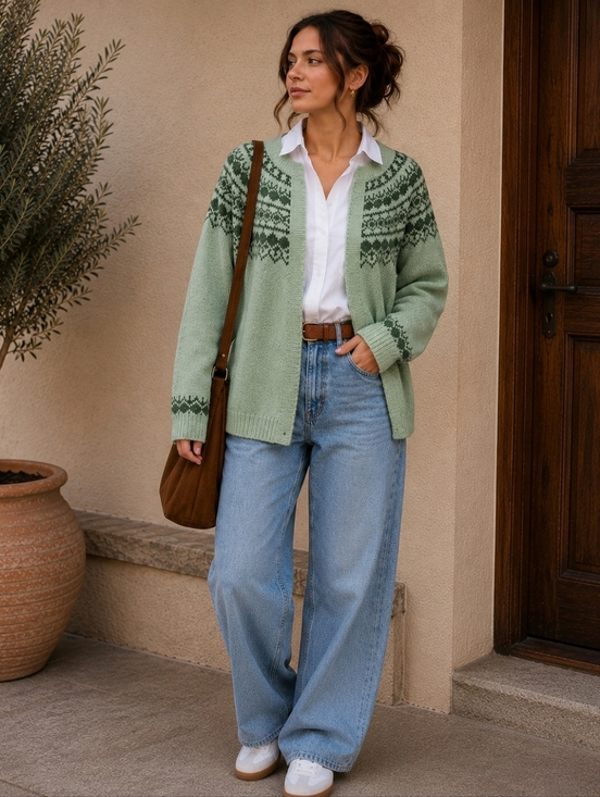 Vintage Sweaters - ​Vintage Fair Isle Nordic Handmade Cardigan Sweater Mint Green Women's L